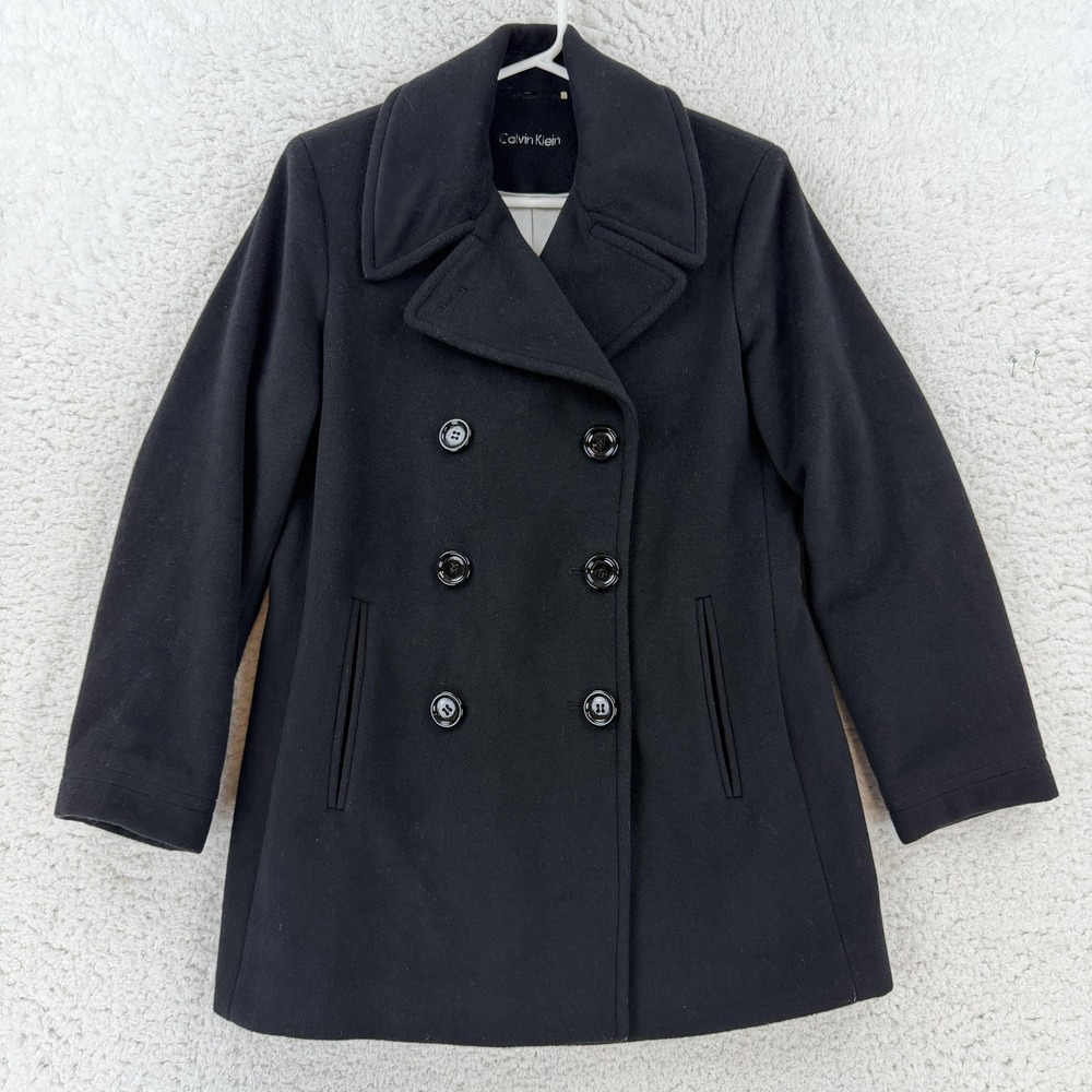 Calvin Klein Womens Black Wool Cashmere Pea Coat Double Breasted CW583002 Medium